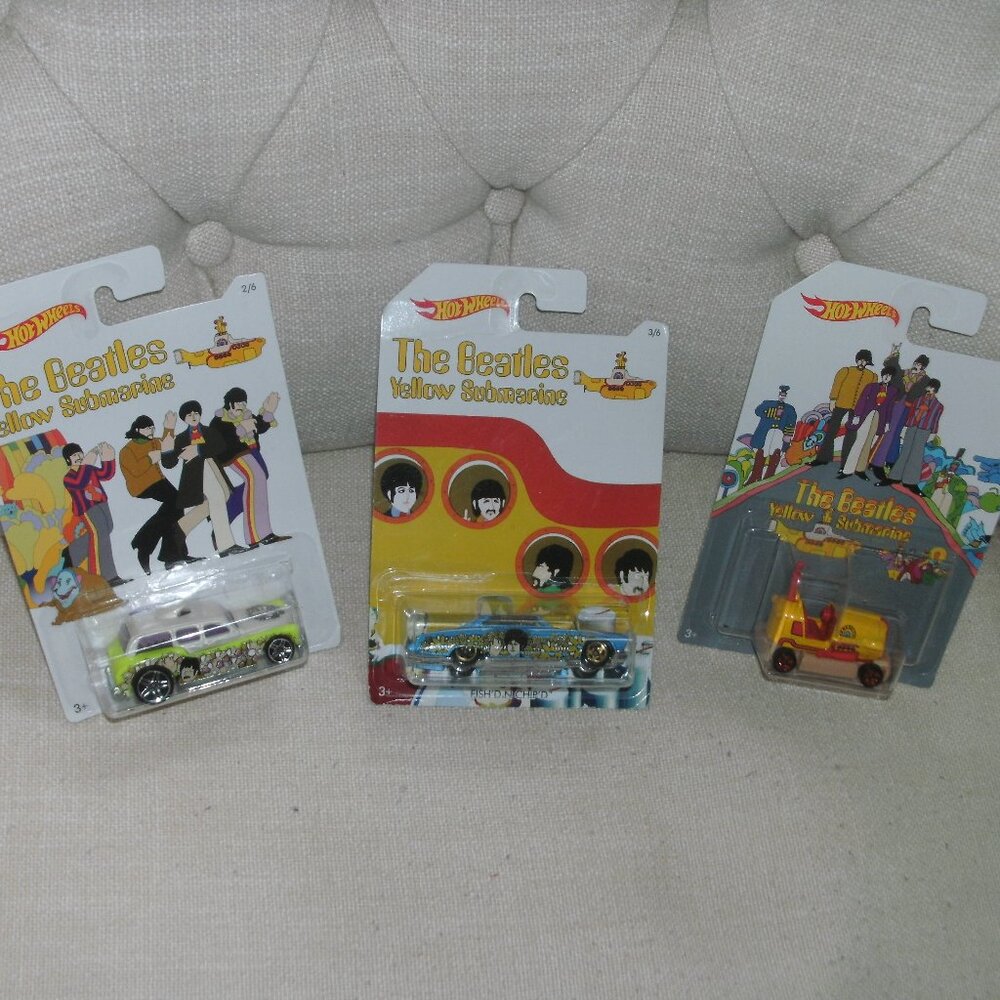 3 Hot Wheels Beatles Yellow Submarine FISH' D N CHIP' D Cockney Cab BUMP AROUND